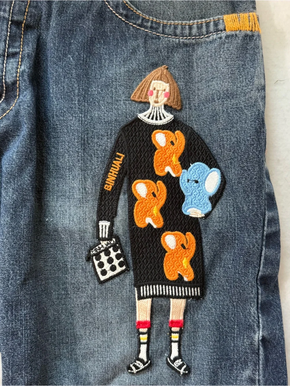 Upcycled Boho Jean Shorts Hand-Stitched Embroidered Puppy Patchwork Raw Hem Lg